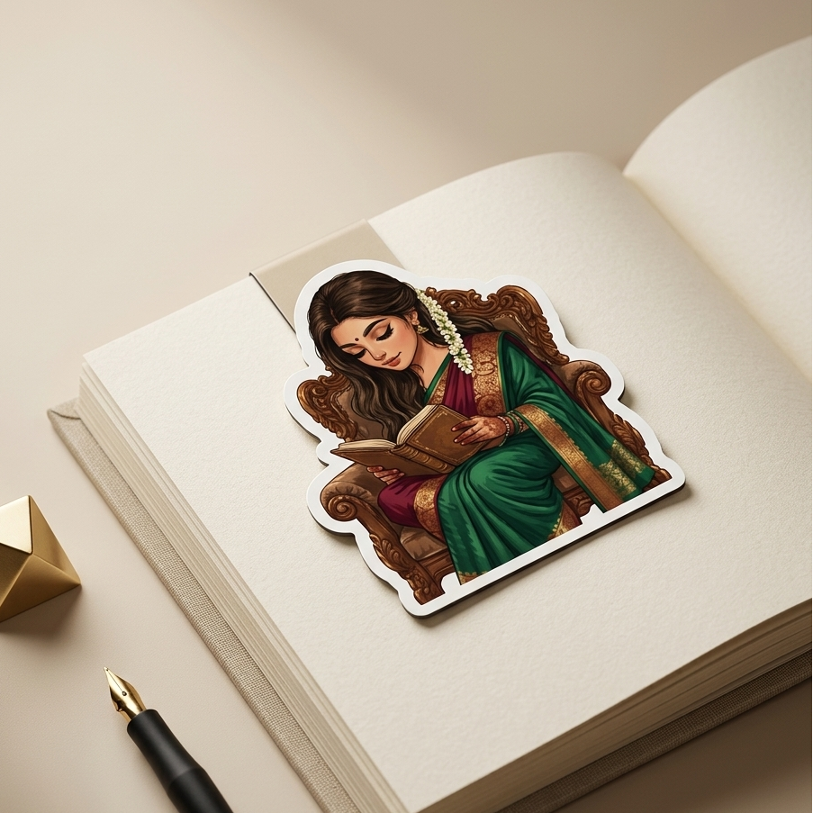 Close-up of Indian saree girl reading bookmark glossy print by divinecrafte.in