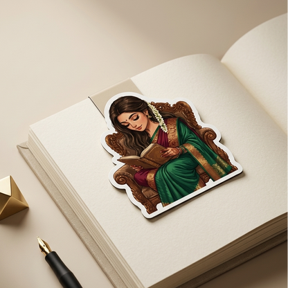 Close-up of Indian saree girl reading bookmark glossy print by divinecrafte.in
