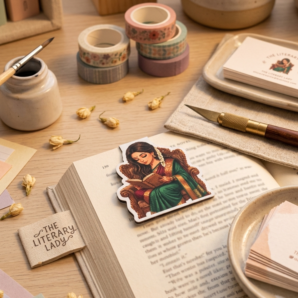 Indian woman in green silk saree reading a book magnetic bookmark by Sri SJM Divine Crafte